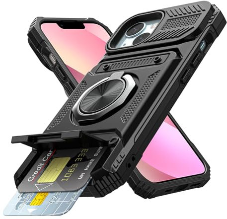 Coolden for iPhone 13 Case with Card Holder [Max 2 Cards] Ring Holder Kickstand Armor Shockproof Military Grade Dual Layer Heavy Duty Protective Case Wallet Case Cover for iPhone 13 Phone Case-Black
