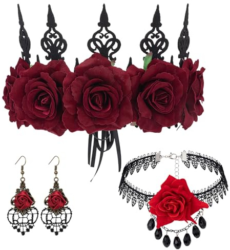 BTHRORO Gothic Schmuck Set für Damen, Halloween Kostümsets Spitze Kette Gothic Spitze Haarband Vampir Ohrringe für Halloween Karneval Ostern Kostüm Cosplay Geschenk