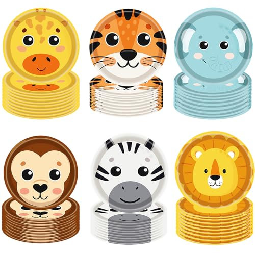 60Pcs Jungle Safari Party Paper Plates Jungle Zoo Animal Print Party Supplies 7Animal Shaped Plates Safari Theme Party Plates for Baby Shower Jungle Animal Theme Birthday Party Decorations
