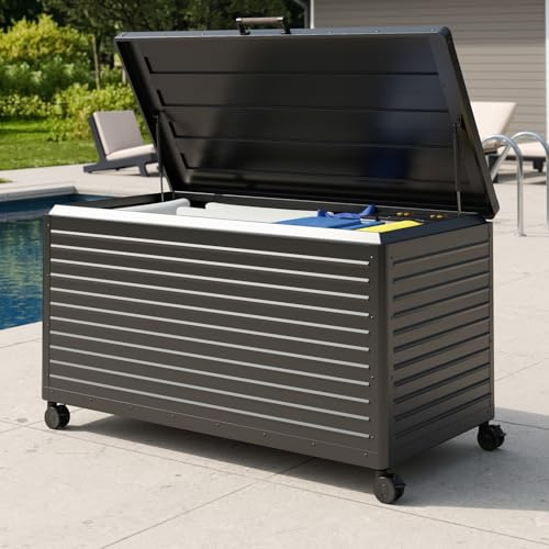 MIRADOR 662 Litre Outdoor Storage Box with Wheels & Soft-Close Lid, Waterproof Metal Deck Box for Patio Cushions, Garden Tools & Pool Accessories, Anthracite