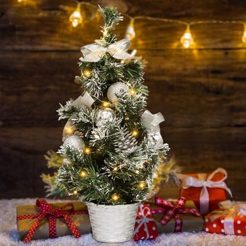 Mini Weihnachtsbaum,Kleiner Weihnachtsbaum Künstlich,40 cm Weihnachtsbaum Beleuchtung mit 20 LED-Lichtern Weihnachtskugeln Tannenzapfen Schleifen für Weihnachten Deko Zuhause Büro Tischdeko (Silber)