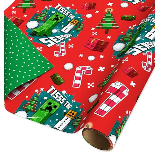 American Greetings Reversible Christmas Wrapping Paper for Kids, Minecraft and Polka Dots (1 Roll, 75 sq. ft.)