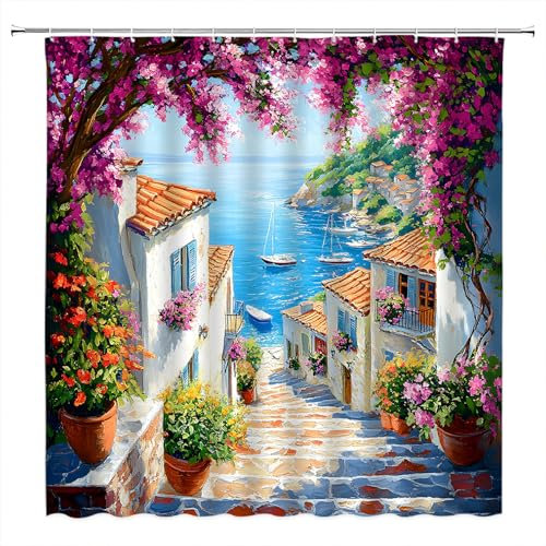 VPUPCN Italy Shower Curtain Mediterranean Cityscape Sea Purple Flower Italian City Town Street Coastal Landscape Polyester Curtains Bathroom Decor with Hooks 70 Wx70 H