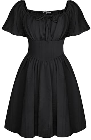 SCARLET DARKNESS Women's Medieval Dress Puff Sleeve Mini Bubble Dresses Square Neck Lace-up Front Pirate Costume Black M