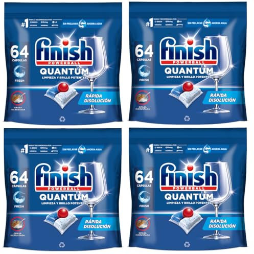 Finish Powerball Quantum Limpieza y Brillo Potentes, Pastillas para lavavajillas, aroma Regular, 256 pastillas