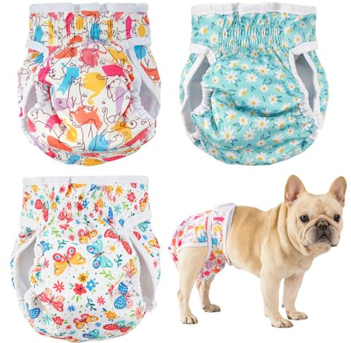 Weibliche Hundewindeln, 3 Pack waschbare Welpenwindeln, Wiederverwendbare Hundehosen und Bauchbänder für Hunde, Hundewindeln für Inkontinenz, Hunde-Windeln mit weichen Pads