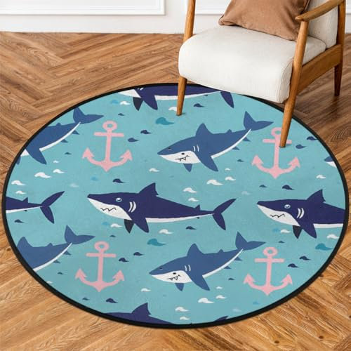 Mexpekil Ocean Sea Shark Anker, runder Teppich, 92 cm, rutschfest, waschbar, saugfähig, für Wohnzimmer, Schlafzimmer