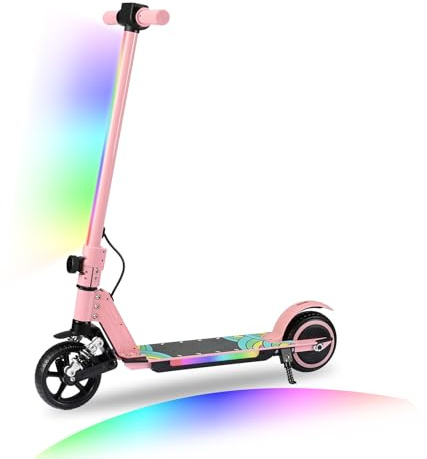 Urbanvoy Trottinette électrique Pliable pour Enfants âgés de 6 à 14 Ans, avec amortisseurs à Double Ressort, Moteur de 130 W, Vitesse maximale 14 km/h, écran LED et lumières colorées (Rose)