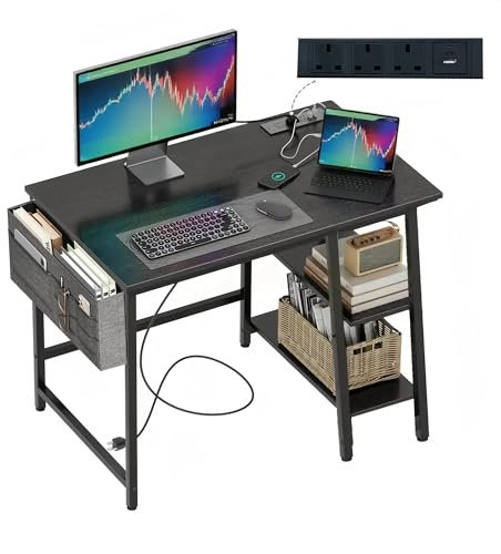 DEILALY Computer Desk, 80cm Gaming Desks, with with USB Charging Port & Power Outlet, Office Laptop Table, Study Tables with Metal Frame, Wood with Floating shelves, for Bedroom, Living Room, Black