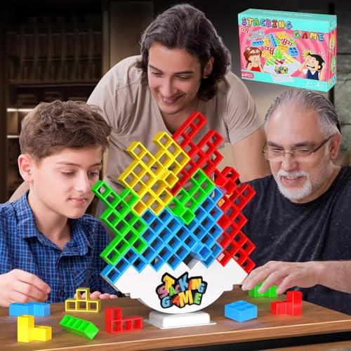 DUHLnote 64PCS Stack Game for Adult & Kids, Tetra Board Tower Games for Family Travel Party, 2 Players Balance Stacking Toy, Team Toys Building Block