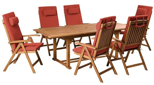 Beliani 6 Seater Garden Dining Set Acacia Wood Foldable Chairs Red Cushions Java Premium