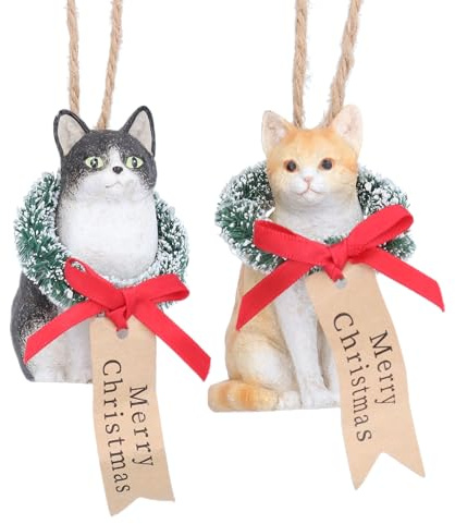 Gisela Graham Cat with Tag Christmas Tree Decorations, Set of 2