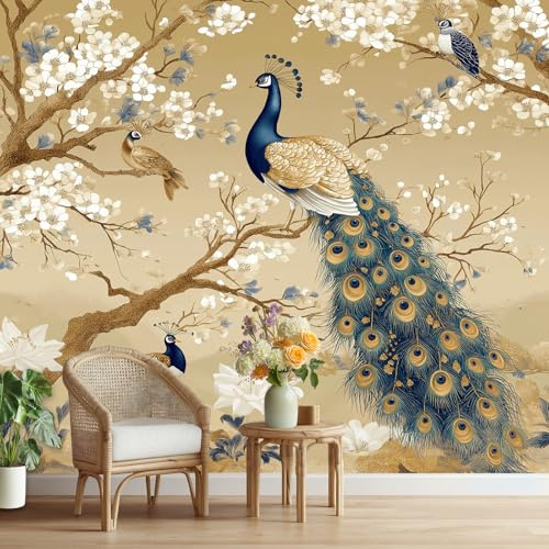 Tapete Kinderzimmer Pfau Fototapete Wohnzimmer Zweige Blumen Vogel | Vliestapete Küche Vintage Chinoiserie Wandtapete Schlafzimmer Wasserfest Abwaschbar Möbelfolie Selbstklebend 250x350 cm