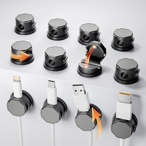 360° Rotatable Magnetic Cable Clips - Self Adhesive Wire Organisers for Desk, Nightstand, Home, Office, Car - Cable Tidy Clips for Charging Cables, USB Cords, Mouse & Keyboard Wires(12, Black)