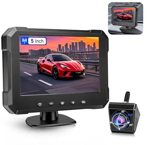 VECHTEL Cámara de visión Trasera con Monitor 5,Kit de Asistencia para aparcar,IP69 AHD visión Nocturna Cámara Rotar 360° Gran Angular 170°,con Enchufe para Encendedor de Cigarrillos