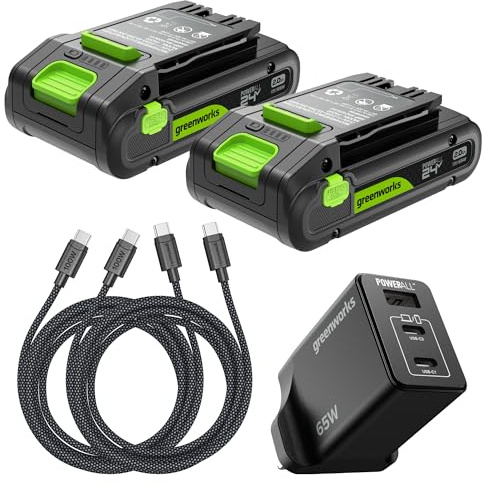 Greenworks 2 Pack 24V 2Ah High Power USB-C Battery & 65W USB-C Charger & 100W cable, Li-Ion Battery Suitable for all 200+ Greenworks 24V devices, 2-year warranty - K2D4DEA