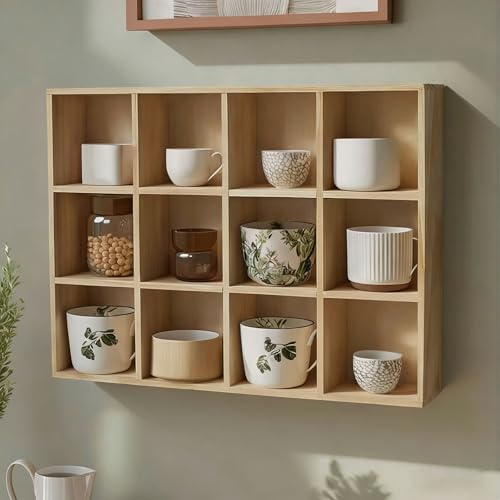 Xalteafe Grid Coffee Mug Display Rack,Wall Mounted Mug Display Shelf,Tea Cup Rack For Storage,Curio Shadow Box Shelf,Space-Saving,With Large Capacity,For Home & Office Decor