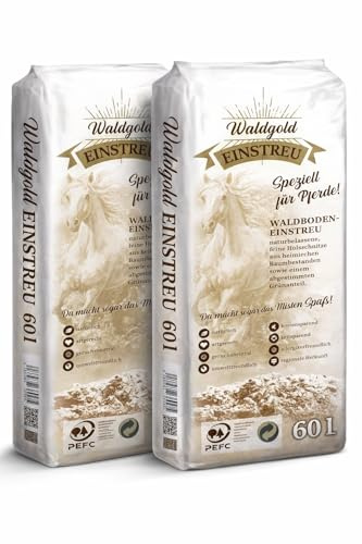 Waldgold Waldboden-Einstreu für Pferde, staubarm und saugfähig 2 x 60 L | Pferdeeinstreu, natürliche Holzschnitzel, Holzduft, weniger Stallarbeit, allergikerfreundlich, langlebig, kompostierbar
