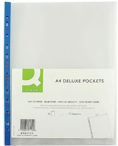 Q-Connect Delux Punched Pocket Top Opening Blue Strip A4 Clear (Pack of 25) KF01122