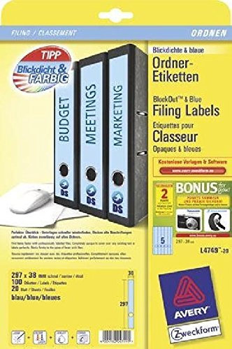 Ordner-Etiketten für schmale Ordner, lang, blau, 38x297mm, 100 Etiketten Farbe blau Inhalt 100 Stück