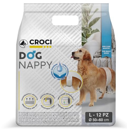 Croci Dog Nappy - Fascia Assorbente per cani maschi, taglia L - Ø 50-60 cm, Mutanda pannolino igienico pipi cane, Antiodore, Usa e getta, Chiusura adesiva regolabile, 12 pz