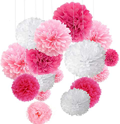 MAKFORT Pompon Rose Pompon Papier Soie Papier Fleur Pompon Boule à Suspendre 6,10,12 décor Mariage fête Anniversaire Happy Birthday Lot de 15 Rose