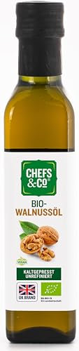 CHEFS& CO | Huile de noix Biologique Pressée à Froid pour la Cuisine (non raffinée) - 250ml dans une Bouteille en verre | Pressée à froid en Douceur sans Produits Chimiques | Végane Huile de Cuisson