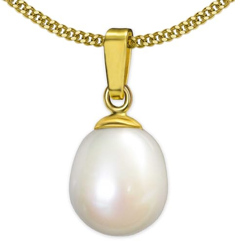 CLEVER SCHMUCK Perlenkette Gold Damen Halskette mit Perle 15 mm 333 GOLD 8 KARAT vergoldeter Panzerkette 45 cm im Etui