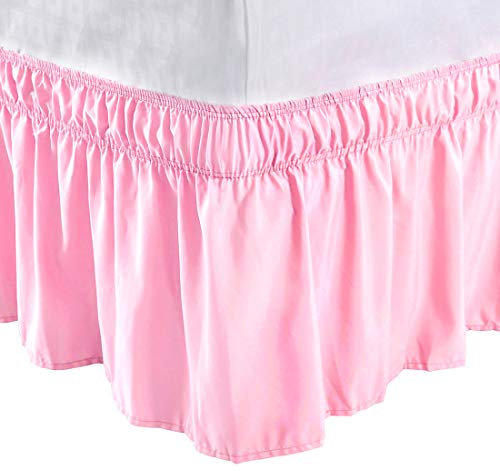 PiccoCasa Cache-sommier élastique à Volants en Microfibre brossée avec Volants de 38 cm (Double, Rose)