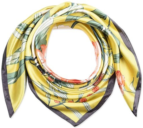 corciova 35 Women Silk Feeling 90 cm Square Hair Neck Sleeping Scarf Wenge Stil De Grain Yellow Squirrel Hydrangea