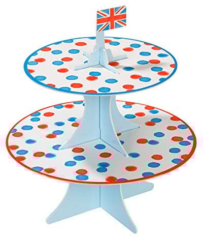 Talking Tables Great British Recyclable & Disposable Paper Tiered Cake Stand Centrepiece with Toppers | 2022 Queen's Platinum Jubilee Party Supplies Table Decorations Red White Blue