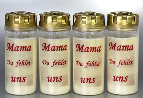 4er Set Grabkerzen, mit Spruch Mama, Größe 16x6 cm - Brenndauer ca. 4 Tage je Grablicht – Elegante Gedenkkerzen, Trauerkerzen mit Spruch. (3932)