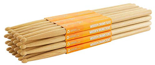 World Rhythm WR-607-12BRICK Drumsticks 5A - Coppia di bacchette Hickory con punta in legno 5A - Stick Brick, 12 paia