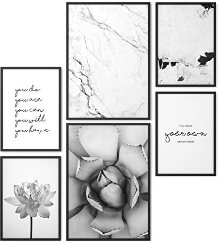 Papierschmiede® Set Mood Posters, Tableau Décoration Murale sans cadres « Unity Noir et Blanc » Bureau, Salon, Deco Chambre Parentale, Cuisine, 2x A3 et 4x A4, fleur marbre cactus
