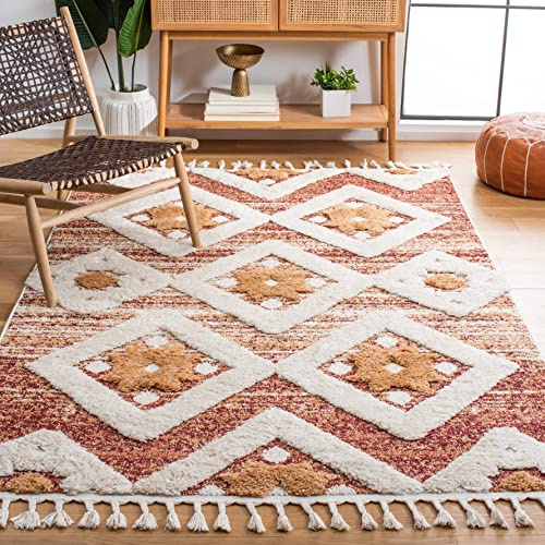 SAFAVIEH Moroccan Tassel Shag Collection Area Rug - 5'3 x 7'6, Rust & Ivory, Boho Design, Non-Shedding & Easy Care, 2-inch Thick Ideal for High Traffic Areas in Living Room, Bedroom (MTS664P)