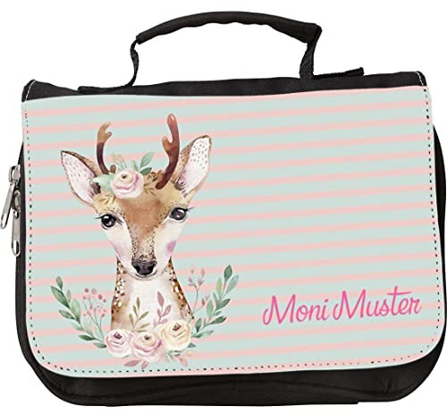 Manutextur Kulturbeutel mit Namen - personalisiert - Motiv REH - viele Motive – Kulturbeutel - Größe 23x17x5 cm - persönliches Geschenk mit Wunsch-Motiv und Wunsch-Name