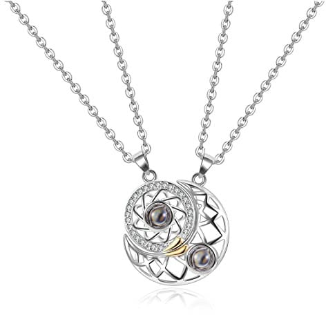 PiercingJak I Love You Necklace 100 Languages Love Matching Couples Necklace for Him and Her Mutual Attraction Sun and Moon Pendant Projection Necklaces Matching Jewelry for Couples