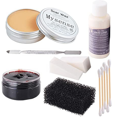 Mysense Liquid Latex Scar Wax SFX Makeup Kit for Fake Scars Wounds Burns With Coagulated Blood Gel and Spatula Sponges Q-tips