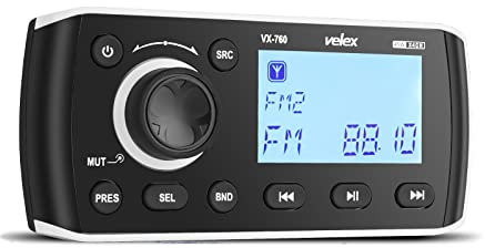 Velex Marina Bluetooth Stereo Singolo DIN Montaggio con Wireless Remote AM/FM Radio 4 x 45 W per barca, Golf Cart, UTV, Spa