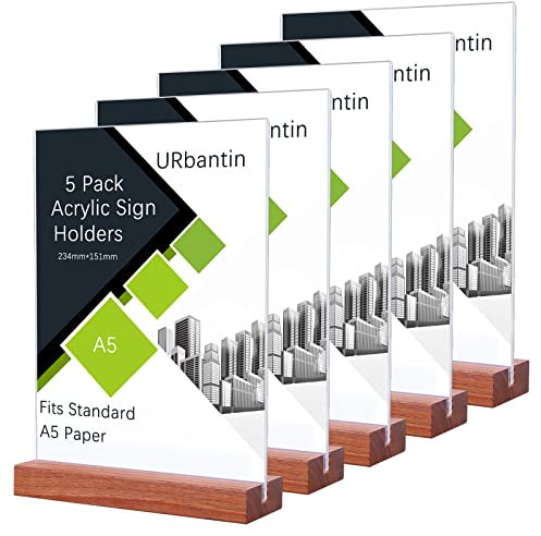 URbantin Présentoirs de Table A5,Lot de 5 T-Base en Bois Support pour Menu,Support de Présentation,A5 Porte Affiche Double Face en Forme de T pour Restaurant,Hôtel,Documents,Bureau,Magasin