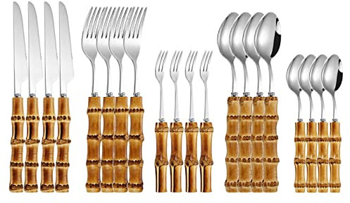 Juegos De Cubertería Juego De Vajilla De Bambú Vajilla Retro Con Mango Natural De Acero Inoxidable Cuchillos Para Carne Tenedor De Mesa Cuchara 20Uds.