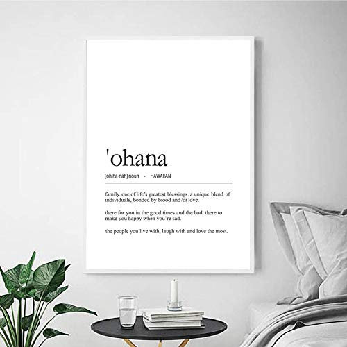 Yangld Hawaiian Ohana Definition Leinwanddruck Familienzitate Poster Schwarz Weiß Minimalistisches Gemälde Bild für Zimmer Home Decor 19.6x 27.5(50x70cm) Kein Rahmen