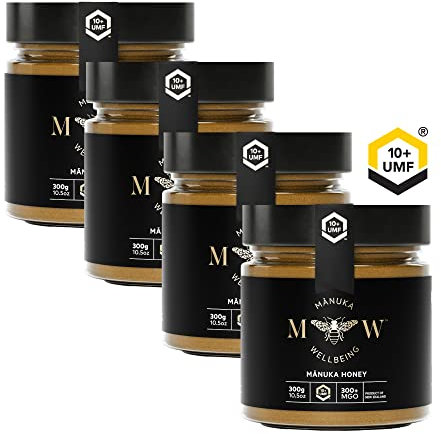 Wellbeing UMF-Manuka Honig MGO 300+ (UMF 10+) |1200g = (4 x 300g)|MGO & UMF-zertifiziert | Hochqualitativ und Monofloral | Hergestellt, Zertifiziert und Verpackt in Neuseeland | Im Glas | Von NZfyMe