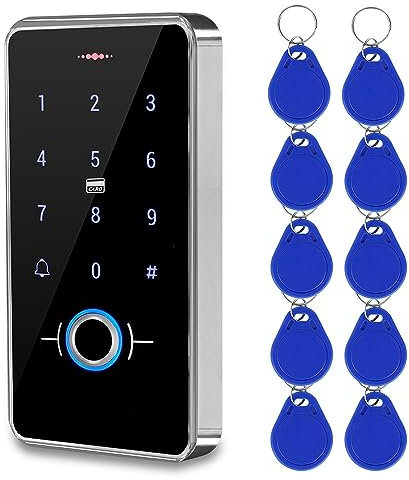 KurDunly RFID Biometric Fingerprint Access Control Keypad, Waterproof Touch Controller DC12V Outdoor Use with 13.56MHz IC Keychains