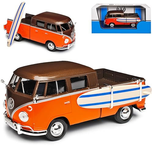 Motormax Volkwagen T1 Pritsche Orange Braun mit Surfbrett Samba Bully Bus 1950-1967 1/24 Modell Auto mit individiuellem Wunschkennzeichen