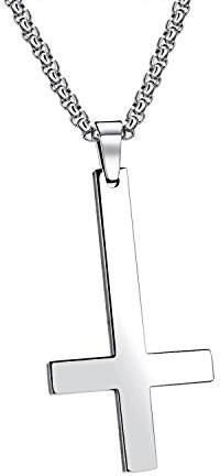 Generisch Edelstahl Petruskreuz Kette Punk Schmuck Upside Down Kreuz Anhänger Halskette für Männer Frauen (Silber)
