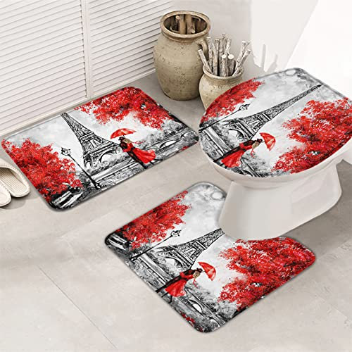 Badematten-Set, Eiffelturm-Paar, Roamntic Love, roter Baum, Ölgemälde, Paris, Frankreich, weich, rutschfest, saugfähig, Badezimmerteppich, WC-Deckelbezug für Badewanne, Dusche, Badezimmer, 3-teiliges