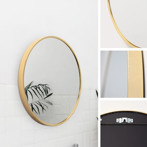 M MERCEO Spiegel rund 40cm, eingefasst im edlen goldenem Aluminium Rahmen - aufhängefertiger Wandspiegel mit kristallklarer Spiegelung mit High-Definition-Glas - für Bad, Flur, Wohnzimmer