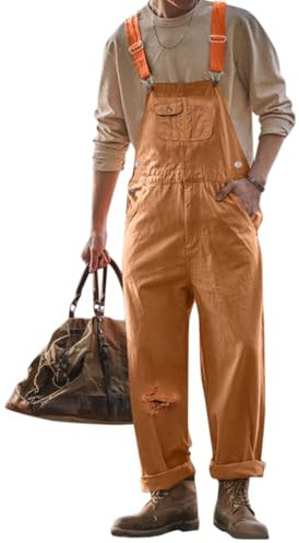 Oanviso Salopette Uomo Overalls Elasticità Salopette in Denim Casual Pantaloni Strappati Loose Fit Moda Ragazzo Jumpsuit Pagliaccetti da Lavoro con Bretelle B Marrone XS