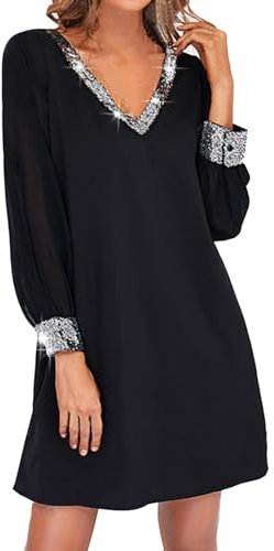 Robe Strass et Paillettes Femmes Courte- Robe Femmes Manche Longue-Robe de Soirée Grandes Tailles Sexy Col V Magnifique Coloriés Lâche épissure Sequin Brillant Tempérament Chic Short Robes